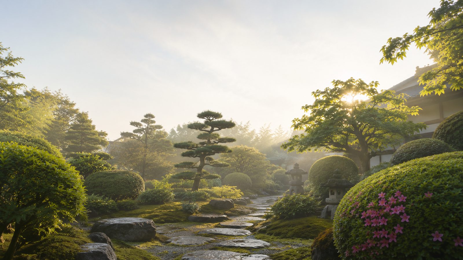 朝もやのなかに石組みと刈り込まれた植栽が並ぶ日本庭園