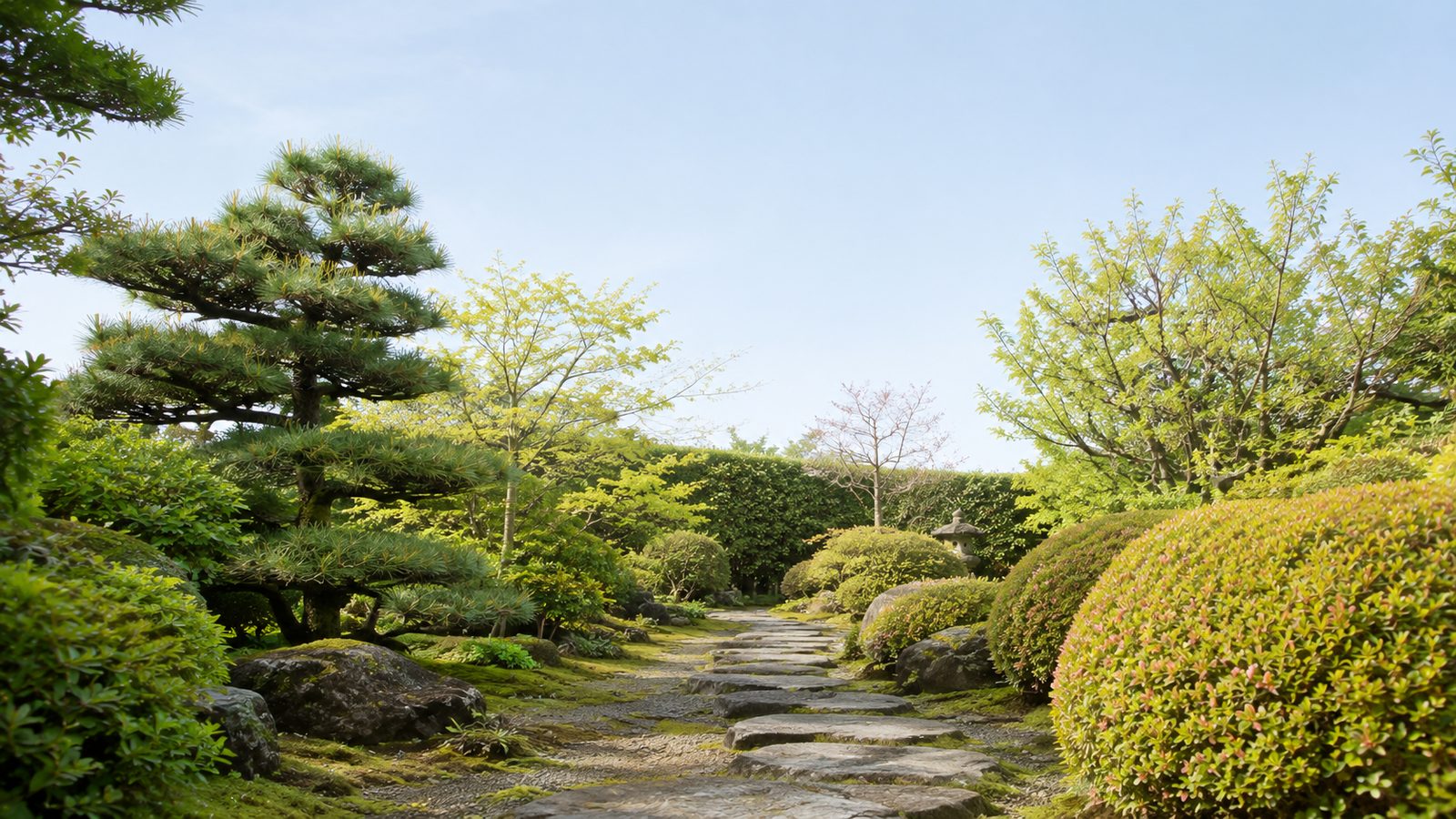 春の庭。芽吹いた新緑と花木が石畳の小径にそって広がっている