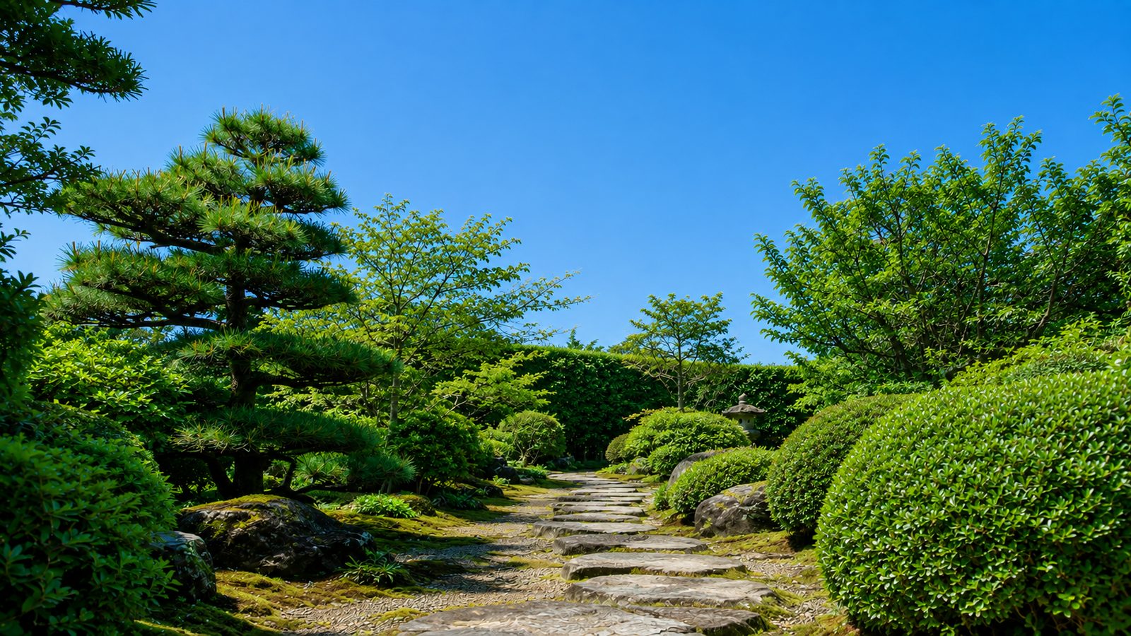 夏の庭。濃い緑が茂り、刈り込まれた玉物が青空の下に並んでいる