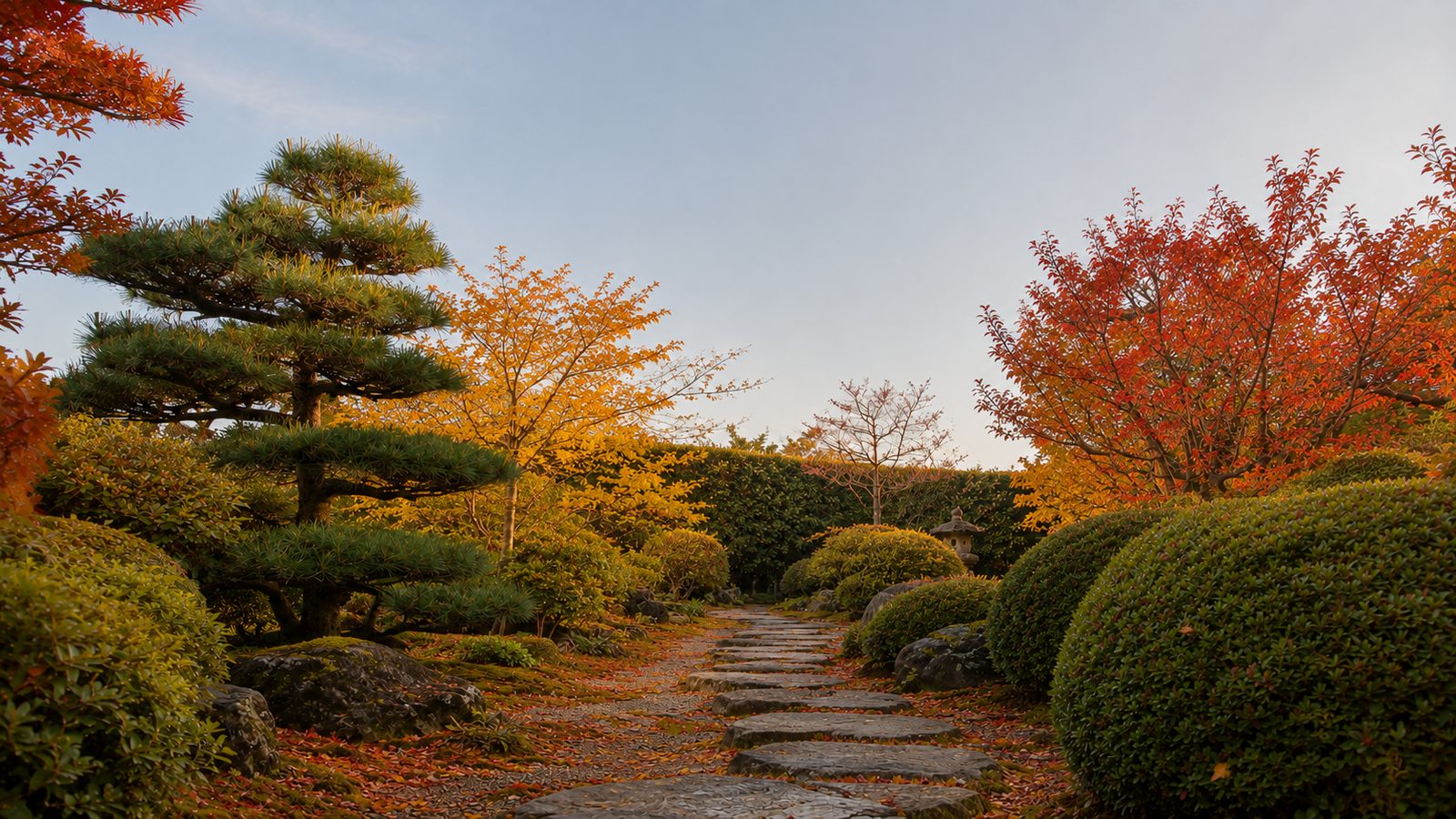秋の庭。紅葉した木々が石畳の小径をふちどっている