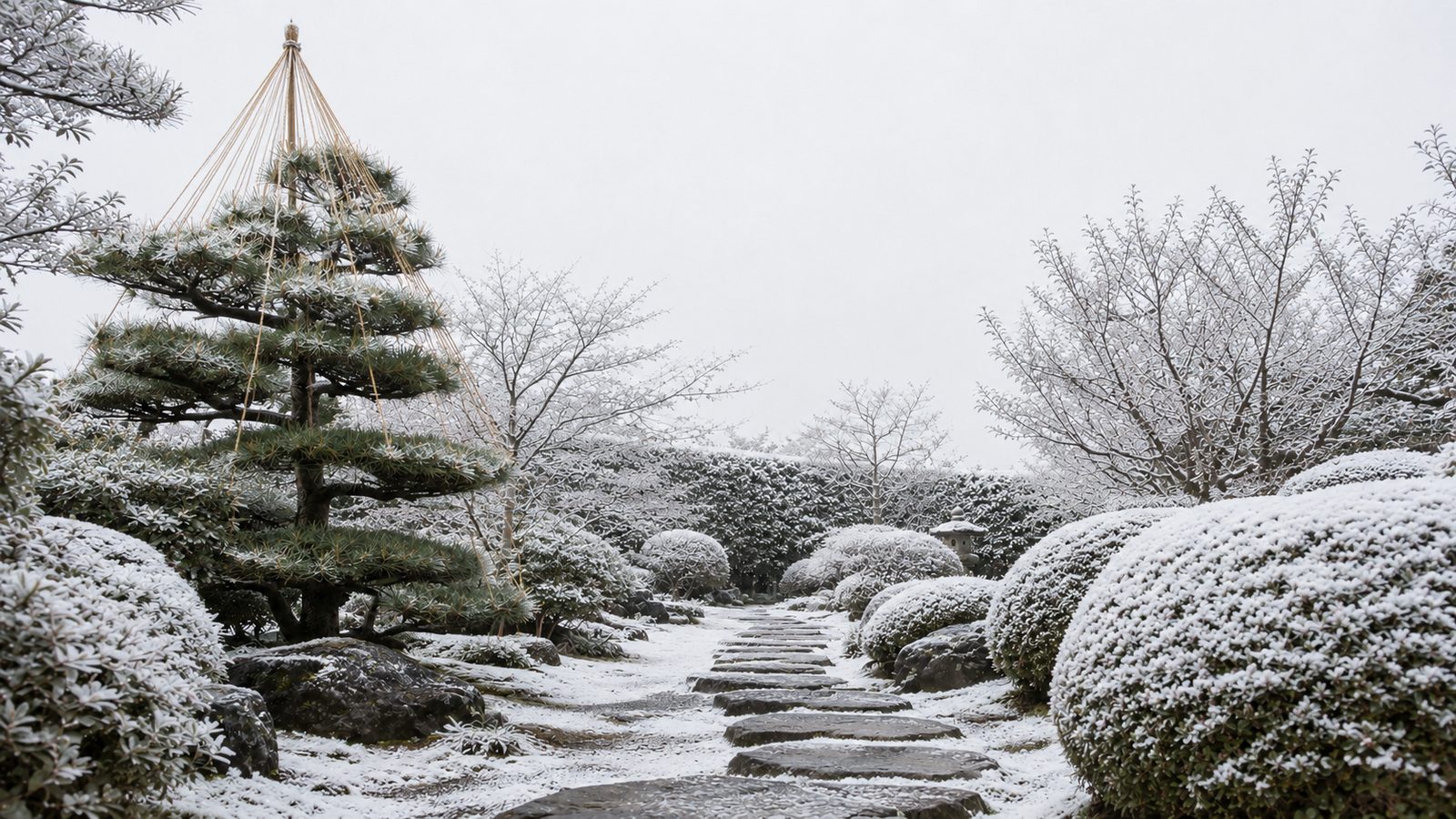 冬の庭。雪をかぶった松と刈り込みが静かに立っている