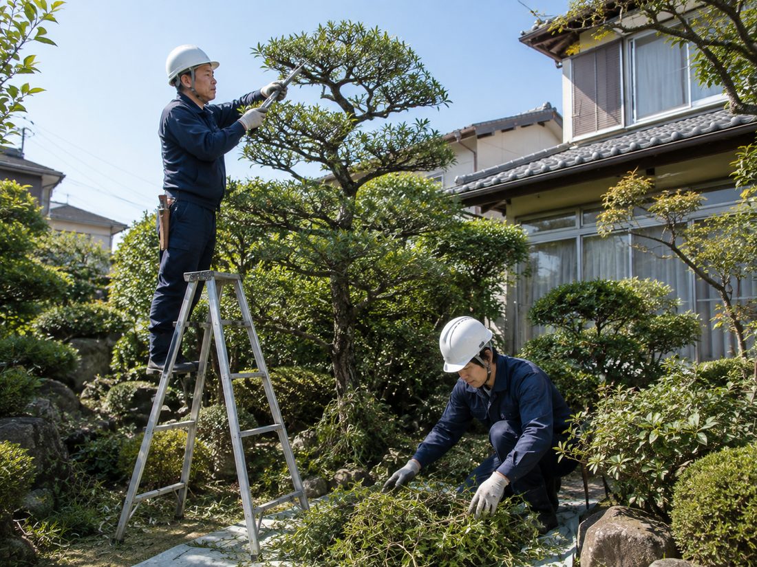 脚立にのぼった職人が庭木の枝を剪定し、もう一人が足元の刈り込みを整えている