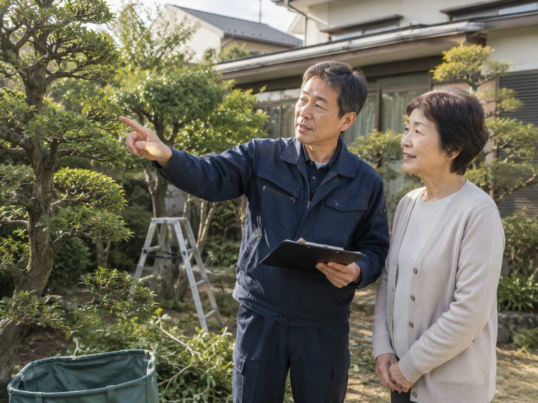 作業着姿のスタッフが庭先で書類を手にお客様に説明している様子